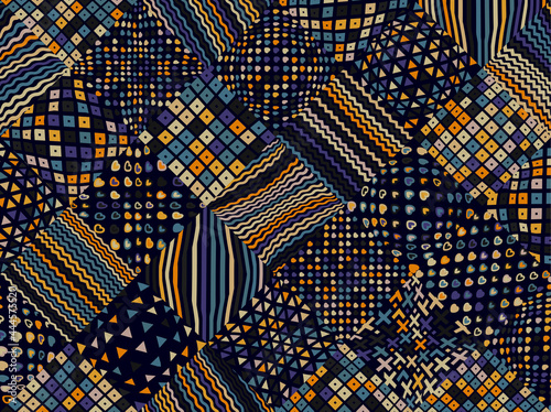 Vector abstract background, composite geometric particles in dark colors, caress pattern of distorted shapes.