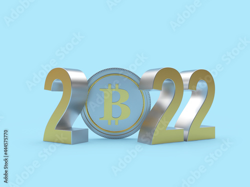 Number 2022 with bitcoin sign on blue. 3D illustration 