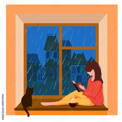 A girl sits at the window, reads a book and drinks tea while it is raining outside the window. The city outside the window. Fall. The cat is at the window. Vector illustration