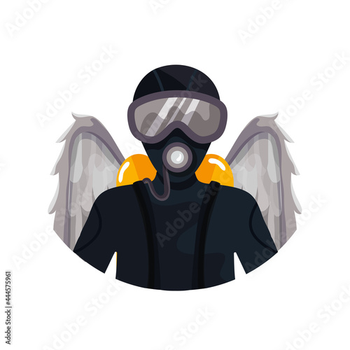 A diver with angel wings. Guardian angel. Saving someone's life. Dangerous work. Vector illustration for icons, websites and prints. A diver's suit. Underwater world. Diving.