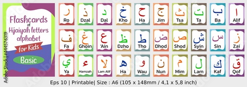 Arabic letters basic with latin word - Flashcards of Arabic letters or hijaiyah letters alphabet for children, A6 size flash card and ready to print, eps 10 vector template