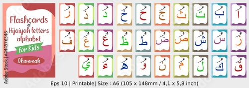 Dhommah - Flashcards of Arabic letters or hijaiyah letters alphabet for children, A6 size flash card and ready to print, eps 10 vector template