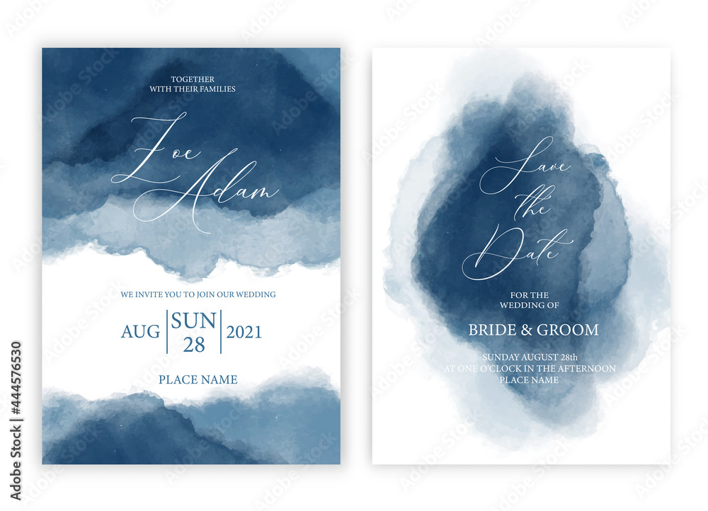 Wedding invitation card navy blue watercolor style collection design ...
