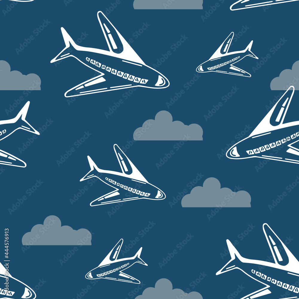Seamless pattern plane flies in the sky among the clouds. Design for background decoration, wallpaper, wrapping paper, textile, fabric.