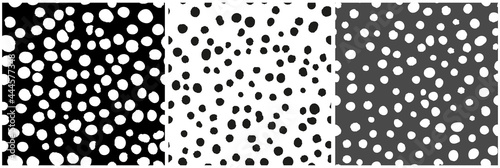 Collection of polka dots seamless repeat pattern. Black, White and Grey, random placed vector round geometrical elements all over surface print background.