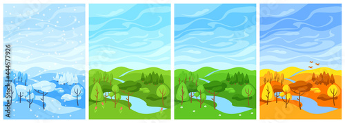 Four seasons landscape. Illustration with forest, trees and bushes in winter, spring, summer, autumn.