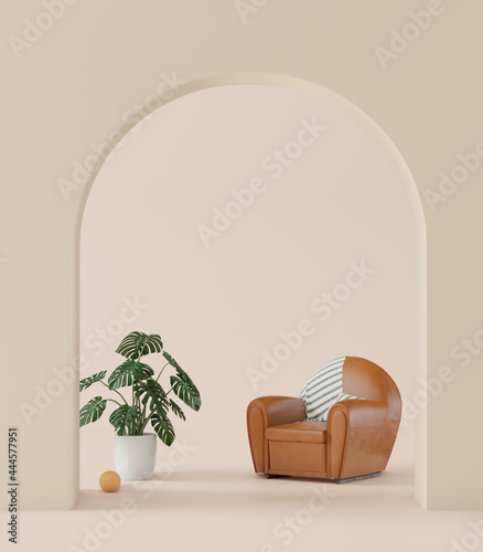 Living room and earth tone,big curve door, leather sofa minimal style ,mock up and copy space wall - 3d rendering -