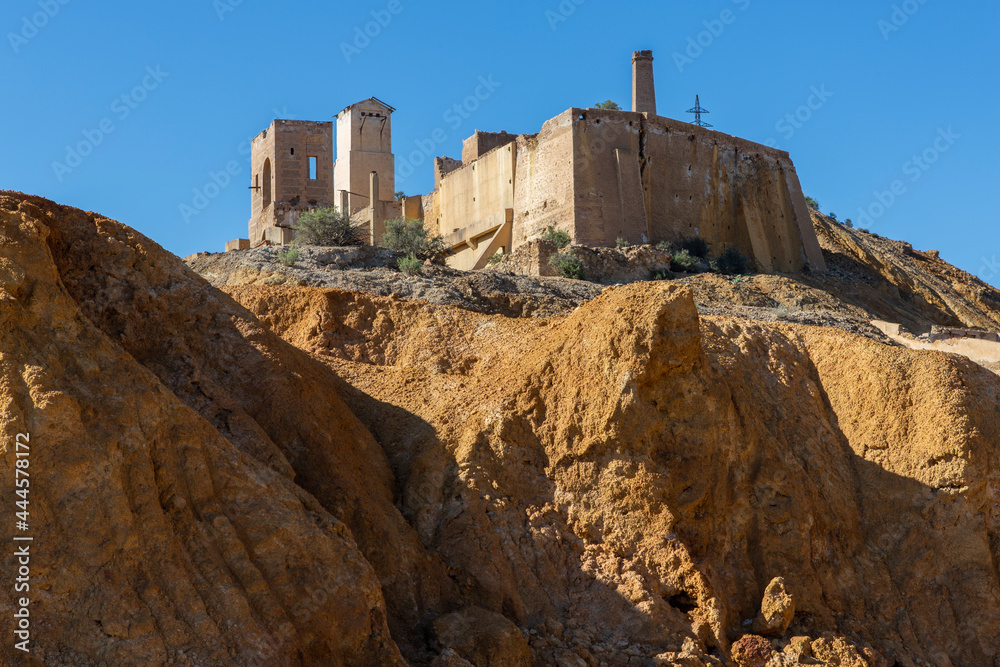 Panoramic view of the remains of the abandoned mine facilities in Mazarron, Murcia, Spain.