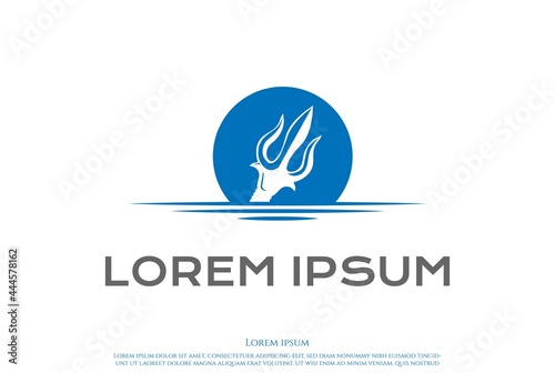 Sunset Sunrise Trident Neptune Lord Poseidon Triton King of the Spear Logo Design Vector