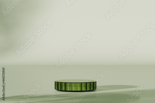 Minimal abstract cosmetic background for product presentation. Clear acrylic podium with Sun shade and leaf shadow on greenery and natural green background . Geometry shape. 3D render