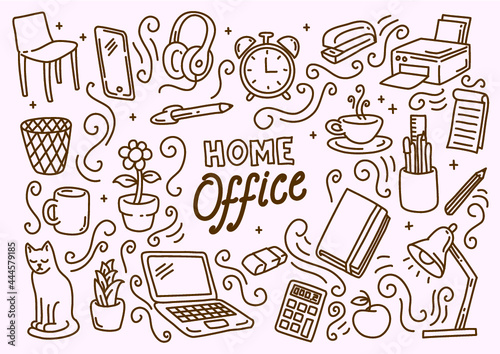 Pack of hand drawn vectors and illustrations os home office theme - monochrome, laptop, alarm clock, headphones, cat, coffee, tea, printer, pen, pencil, smartphone