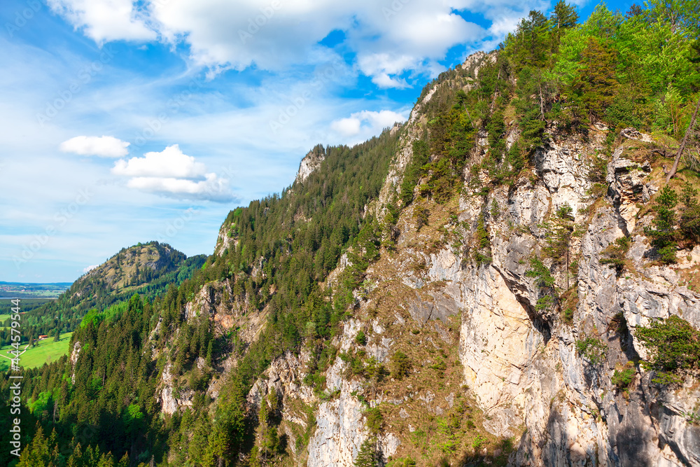 Scenic view of Rocks and Alps Bavaria Germany . Coniferous forest growing on the mountain