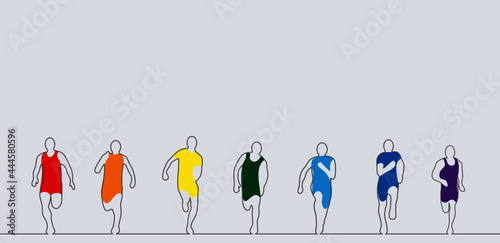 Colorful athletes running forward on front view. Doodle cartoon style.