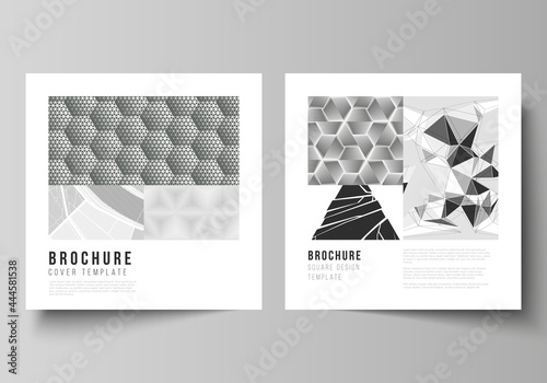 Minimal vector illustration of editable layout of two square format covers design templates for brochure, flyer, magazine. Abstract geometric triangle design background using triangular style patterns