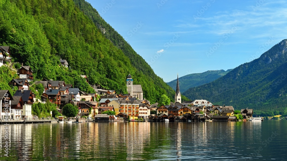 Hallstatt landscape. Beautiful mountain village in the Austrian Alps. Scenic picture - postcard view