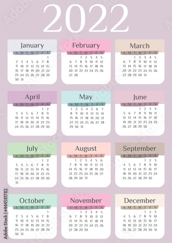 Vector colorful calendar 2022 template. Week Starts on Sunday