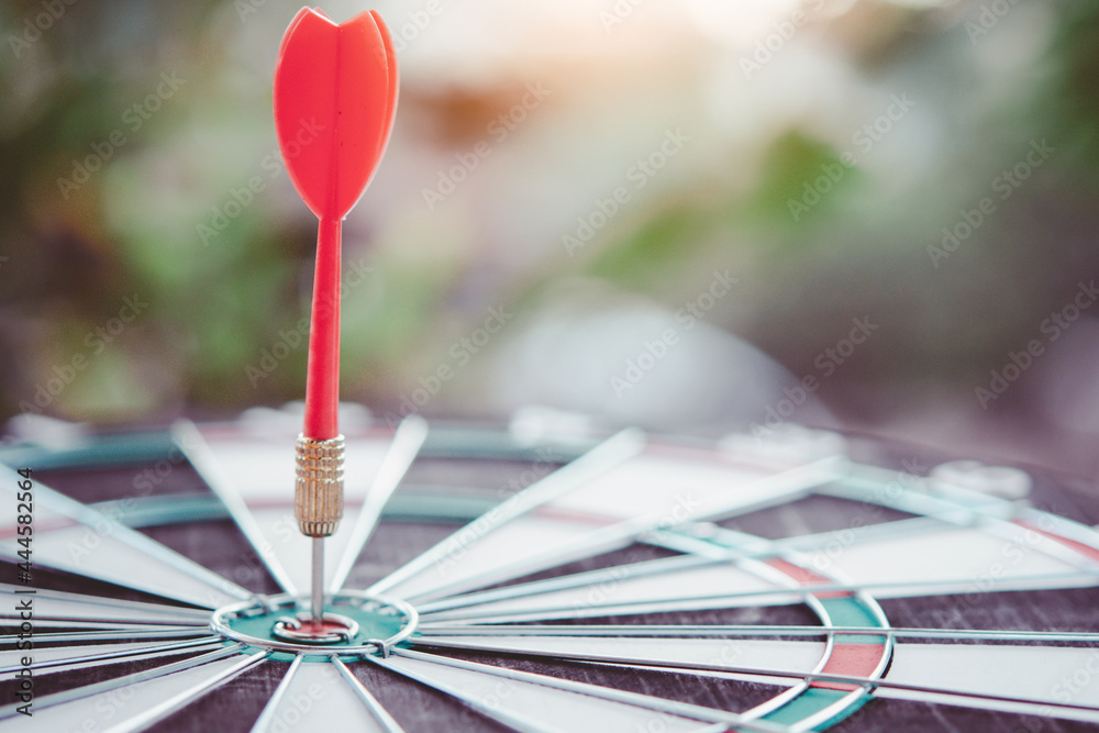 Business marketing success concept. Red dart arrow in center of the target dartboard. Bullseye is a target of business. Business marketing success concept. Red dart arrow in center of the target dartboard. Bullseye is a target of business.