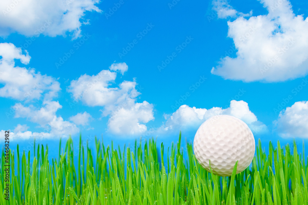 Golf ball on a green lawn against a blue sky with clouds. Golf ball on a green lawn against a blue sky with clouds.