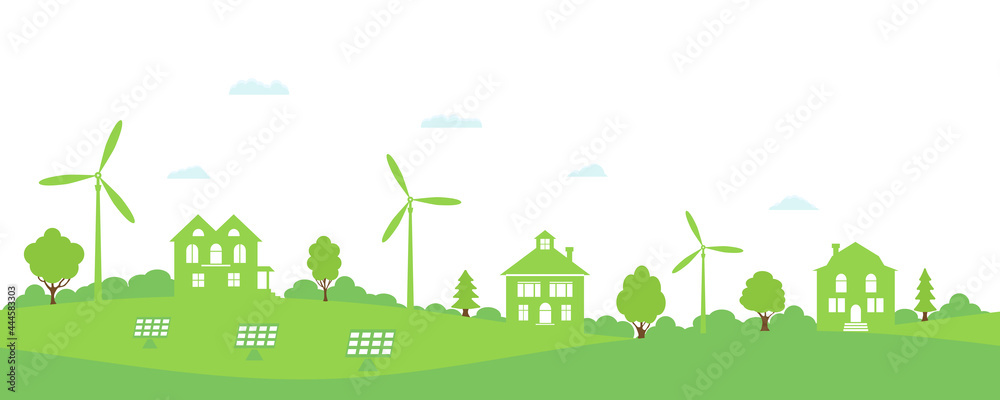 Ecology concept and environment conservation. Green house. Green energy with wind energy and solar panels. Concept of environment conservation.