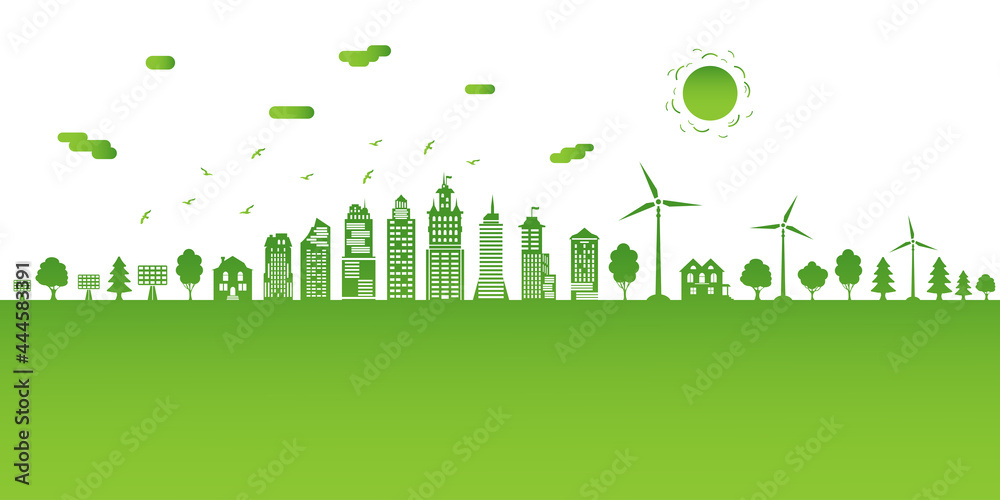 Ecological city and environment conservation. Concept green city with renewable energy sources. Green city with trees, wind energy and solar panels.