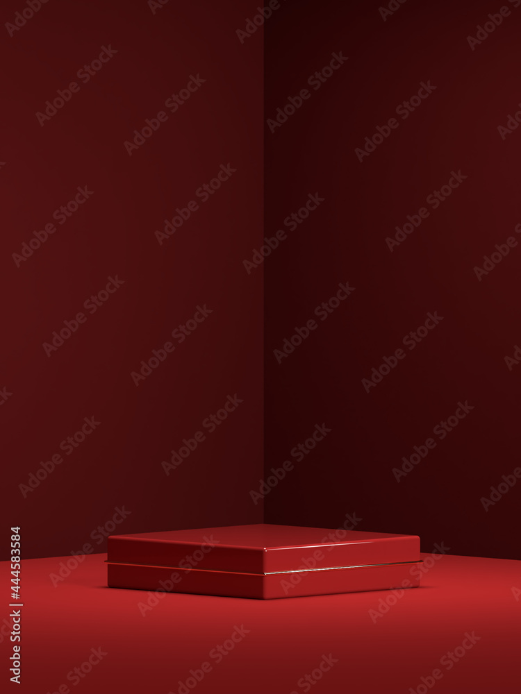 Red Beauty products Stand or podium pedestal set for Cosmetic and skincare Packaging mockup minimal design on black background.concept cosmetic product.3d render. Red Beauty products Stand or podium pedestal set for Cosmetic and skincare Packaging mockup minimal design on black background.concept cosmetic product.3d render.