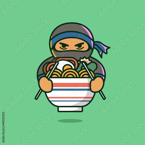 

Ninja eating ramen vector illustration in flat cartoon. Ramen in bowl icon