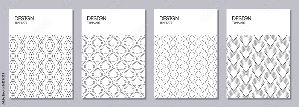 Set of flyers, posters, banners, placards, brochure design templates A6 size. Graphic design templates with wavy lines, smooth lines. Vector black and white geometric background.