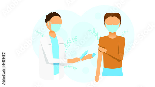 Abstract Flat Medic Man Vaccinates Patient And They Are Both Wearing Masks Cartoon People Character Concept Illustration Vector Design Style Coronavirus COVID-19 Mass Vaccination Healthcare Epidemic