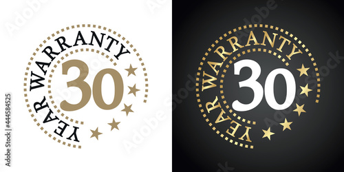 30 Year Warranty five stars white gold black logo icon label button stamp vector