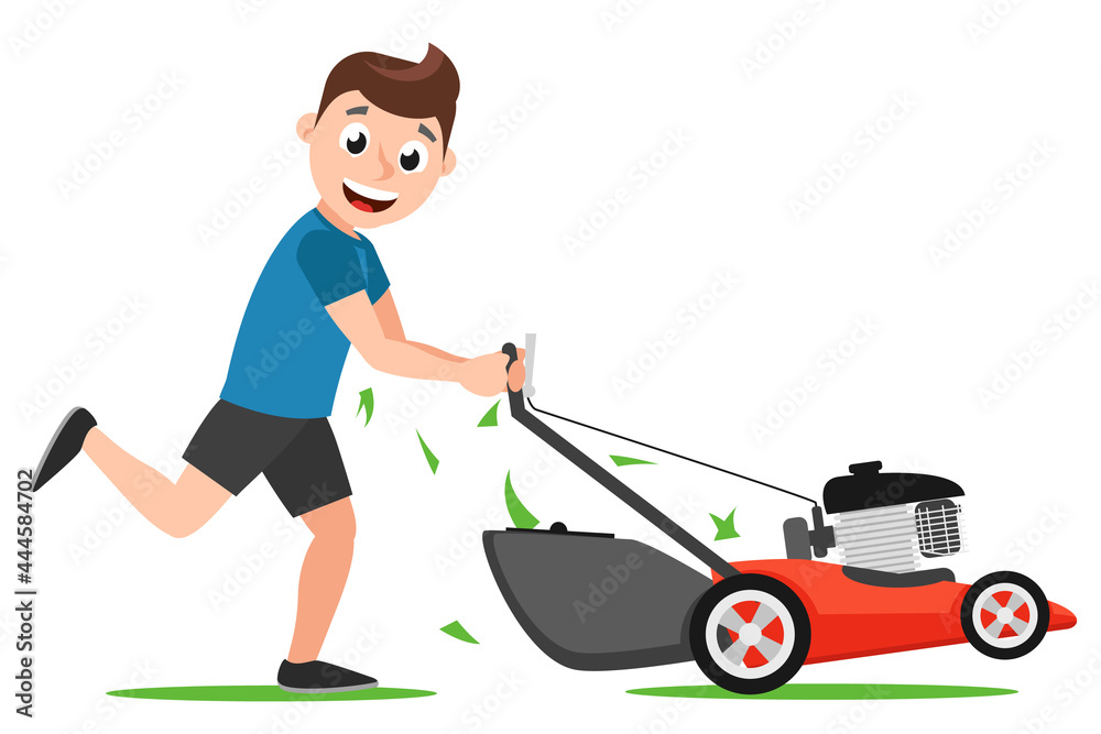 Man runs with a lawn mower on a white background. Lawn mowing Man runs with a lawn mower on a white background. Lawn mowing
