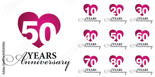 Set of Anniversary decades vector creative design emblems with negative space numbers love red color heart for celebration event, invitation, greeting