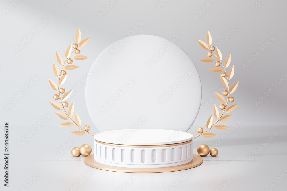 3D rendering background. Roman style white gold cylinder stage podium with gold olive leaf on white background. 3D rendering background. Roman style white gold cylinder stage podium with gold olive leaf on white background.
