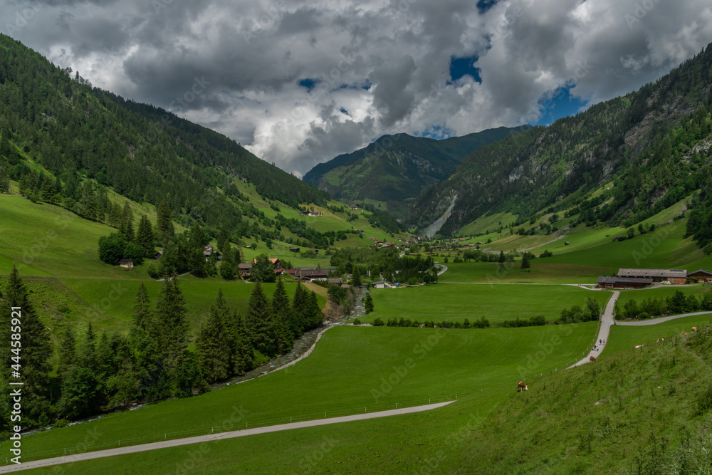 Valley near Kreealm waterfall in Austria Alps mountains on big wall