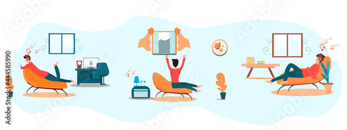 Concept happy, relax. man lying on mobile phone, young man getting up from the sofa with a lazy twist, man sleeping and relaxing while listening to music. Vector flat Illustration for set lifestyle 