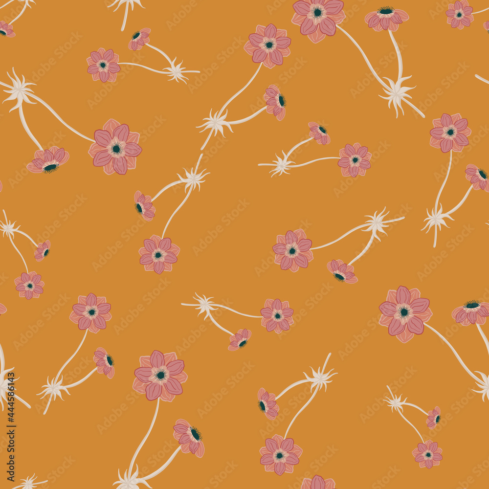 Nature seamless pattern with meadow pink random anemone flowers shapes. Orange background.