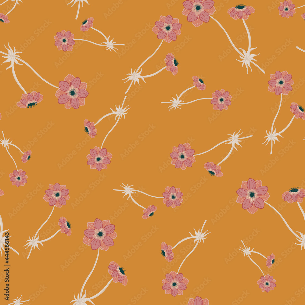 Nature seamless pattern with meadow pink random anemone flowers shapes. Orange background. Nature seamless pattern with meadow pink random anemone flowers shapes. Orange background.