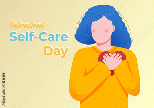 Girl with hands on her heart who care yourself. International self-care day
