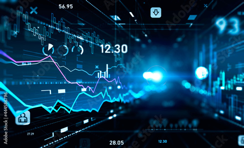 Charts, data in the cyberspace on dark blue background