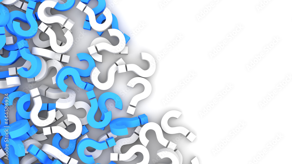 Blue and white question marks background with empty copy space on right ...