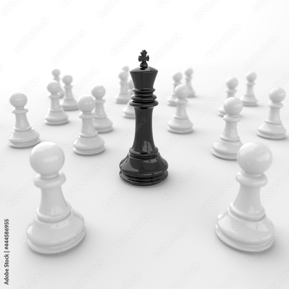Leadership concept, black king of chess, standing out from the crowd of white pawns, on white background. 3D Rendering Leadership concept, black king of chess, standing out from the crowd of white pawns, on white background. 3D Rendering