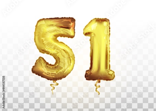 Vector realistic isolated golden balloon number of 51 for invitation decoration on the transparent background. Golden foil number 51