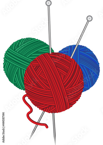 Vector image of three balls of wool- red, green, blue with the metal needles isolated on the white background.