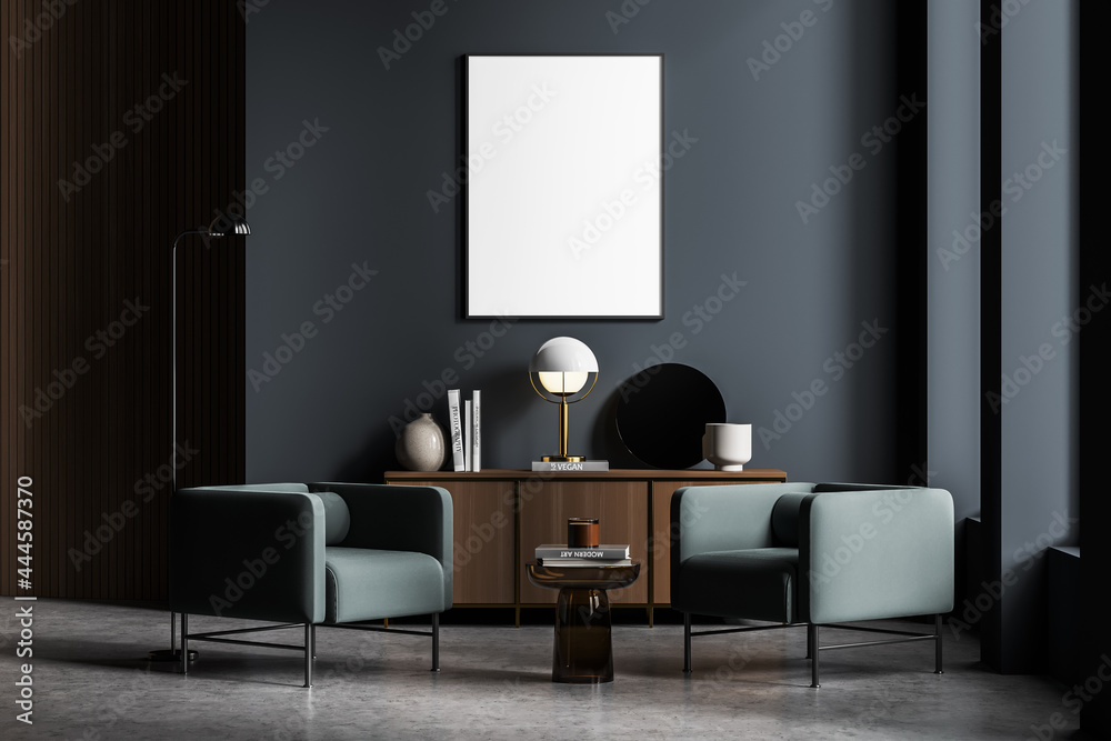 Poster in the waiting room with green armchairs, grey walls Poster in the waiting room with green armchairs, grey walls
