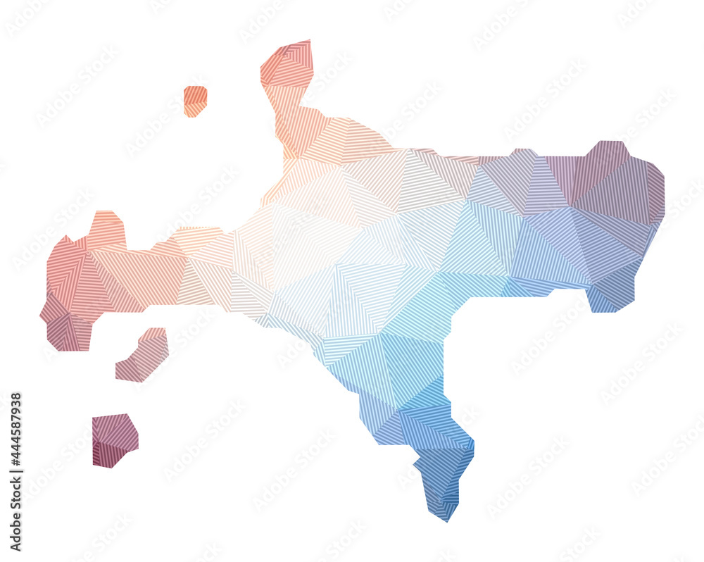 Map of Ko Mak. Low poly illustration of the island. Geometric design with stripes. Technology, internet, network concept. Vector illustration. - obrazy, fototapety, plakaty 