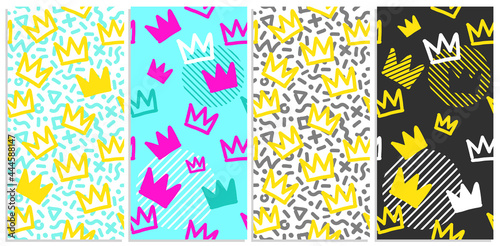 Doodle style seamless pattern set with crowns printable fashion pattern. Abstract street art memphis style crowns vector illustration