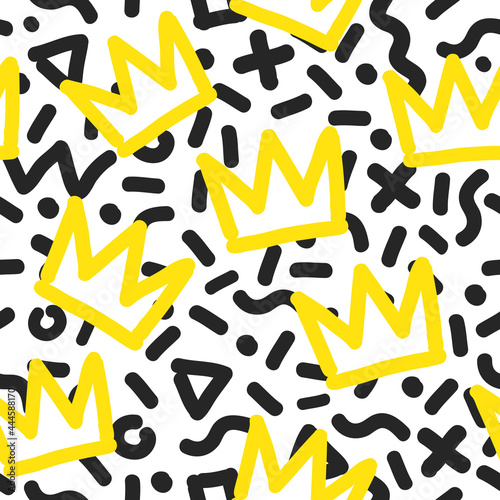 Doodle style seamless pattern with crowns graffiti background. Printable fashion pattern. Abstract street art memphis style crowns vector illustration