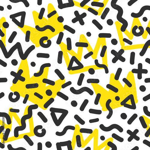Doodle style seamless pattern with crowns hand drawn graffiti background. Printable fashion pattern. Abstract street art memphis style crowns vector illustration