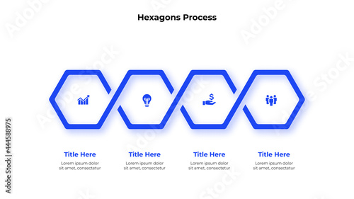 Four hexagons arranged in a row and interconnected. Concept of 4 steps of business development process. Abstract infographic presentation