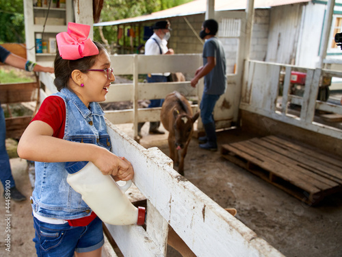 happy girl breastfeeding a calf on an oxapampa ranch photo