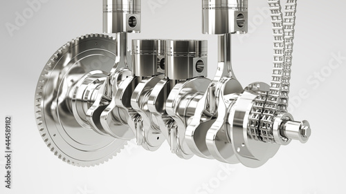 Isolated illustration of a car engine with exposed connecting rods and pistons, 3d rendering, 3d illustration